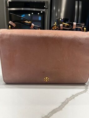 Tory Burch Pink Suede Chain‑Strap Shoulder Bag | Gold Logo | Crossbody